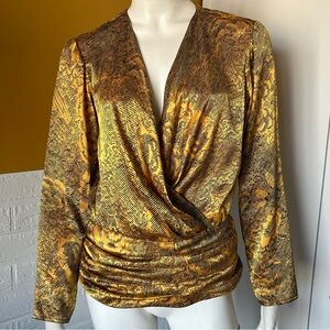 Nilani Vintage Top Yellow Black Satin with ruched waist band Long Sleeve Medium